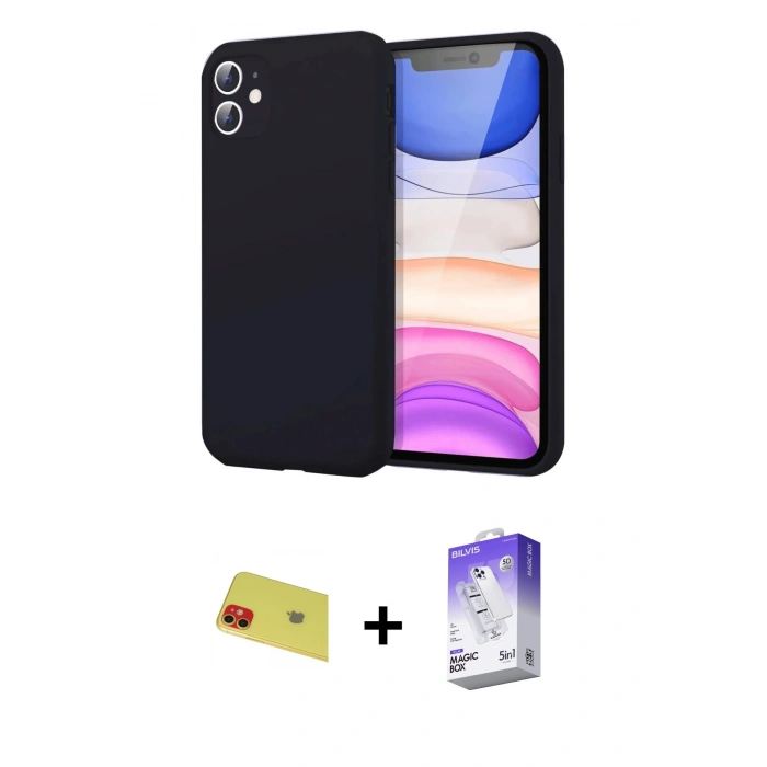 MARSİLYAN™- iPhone 11 Kılıf Kozmos Yansıma Özel Seri - Siyah Bilvis 5in1 3D Magic Cam Ekran Koruyucu + Kırmızı Rainbow Kamera Lens Koruma Cam