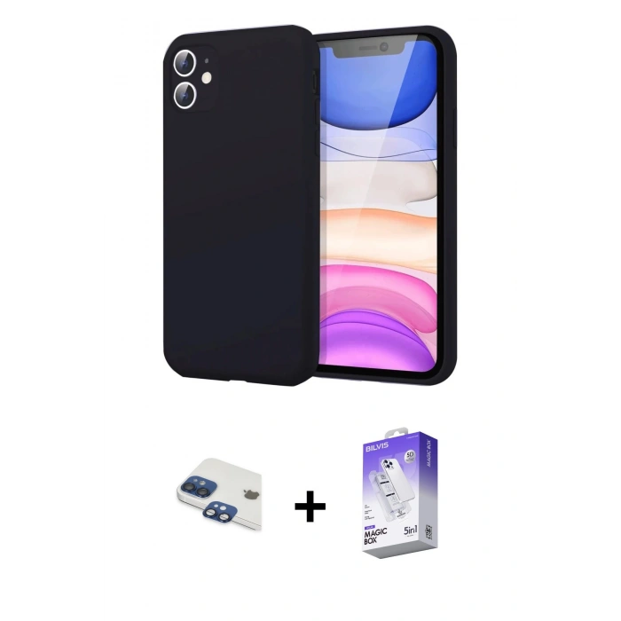 MARSİLYAN™- iPhone 11 Kılıf Kozmos Yansıma Özel Seri - Siyah Bilvis 5in1 3D Magic Cam Ekran Koruyucu + Pers Alüminyum Kamera Lens - LT