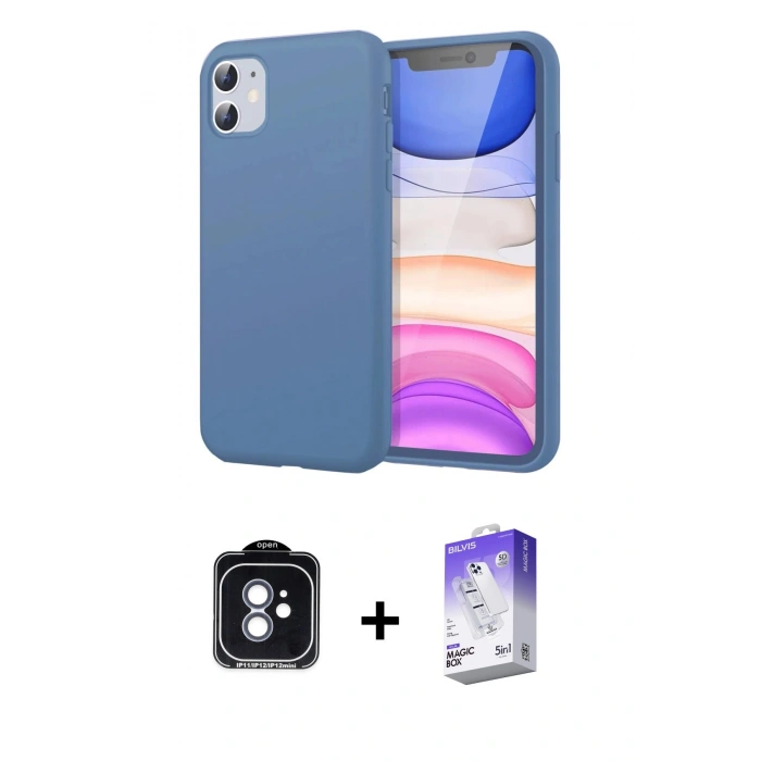 MARSİLYAN™- iPhone 11 Kılıf Kozmos Yansıma Özel Seri - Siyah Bilvis 5in1 3D Magic Cam Ekran Koruyucu + Mavi PVD Metal Kamera Lens