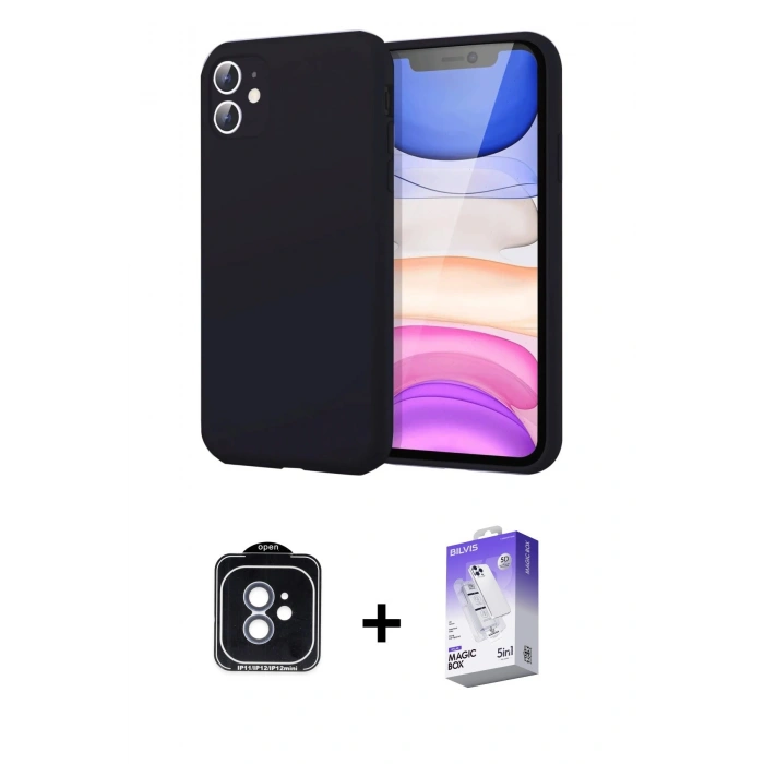 MARSİLYAN™- iPhone 11 Kılıf Kozmos Yansıma Özel Seri - Siyah Bilvis 5in1 3D Magic Cam Ekran Koruyucu + Mavi PVD Metal Kamera Lens