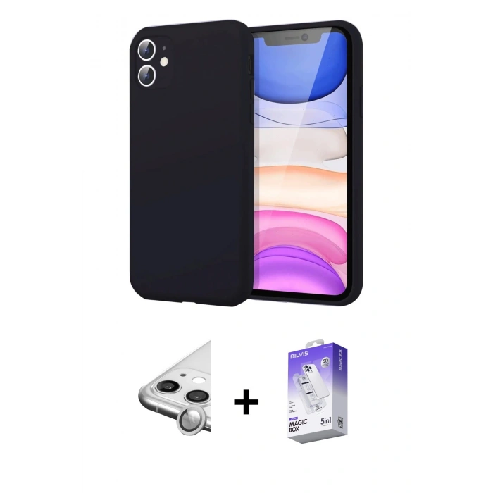 MARSİLYAN™- iPhone 11 Kılıf Kozmos Yansıma Özel Seri - Siyah Bilvis 5in1 3D Magic Cam Ekran Koruyucu + Raze Metal Kamera Lens - GS