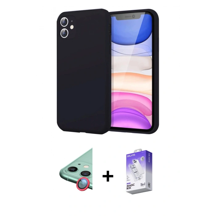 MARSİLYAN™- iPhone 11 Kılıf Kozmos Yansıma Özel Seri - Siyah Bilvis 5in1 3D Magic Cam Ekran Koruyucu + Raze Metal Kamera Lens - KI