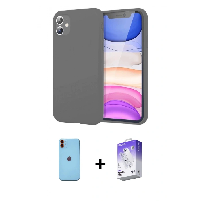 MARSİLYAN™- iPhone 11 Kılıf Kozmos Yansıma Özel Seri - Siyah Bilvis 5in1 3D Magic Cam Ekran Koruyucu + Turuncu Neon Fosforlu Kamera Lens