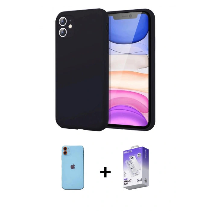 MARSİLYAN™- iPhone 11 Kılıf Kozmos Yansıma Özel Seri - Siyah Bilvis 5in1 3D Magic Cam Ekran Koruyucu + Turuncu Neon Fosforlu Kamera Lens