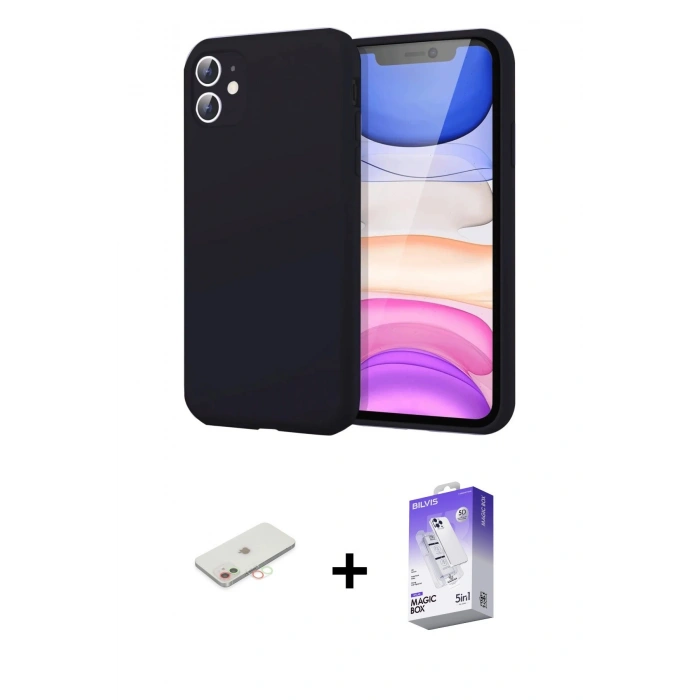 MARSİLYAN™- iPhone 11 Kılıf Kozmos Yansıma Özel Seri - Siyah Bilvis 5in1 3D Magic Cam Ekran Koruyucu + Yeşil Renkli Kamera Lens Koruma Cam
