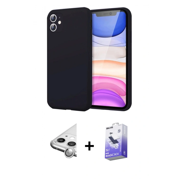 MARSİLYAN™- iPhone 11 Kılıf Kozmos Yansıma Özel Seri - Siyah Bilvis 5in1 5D Magic Hayalet Cam Ekran Koruyucu + Raze Metal Kamera Lens - GS