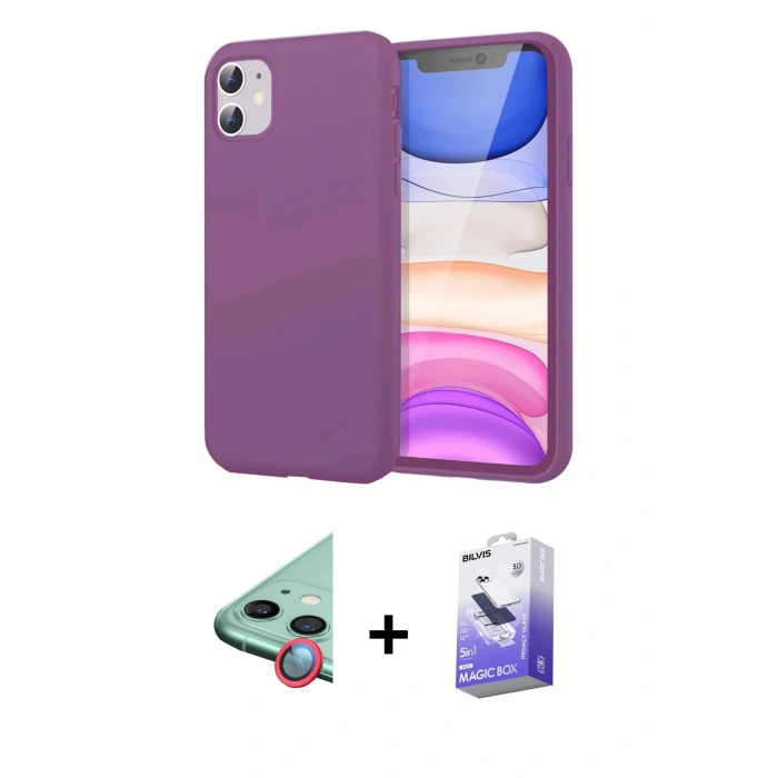 MARSİLYAN™- iPhone 11 Kılıf Kozmos Yansıma Özel Seri - Siyah Bilvis 5in1 5D Magic Hayalet Cam Ekran Koruyucu + Kırmızı Raze Metal Kamera Lens