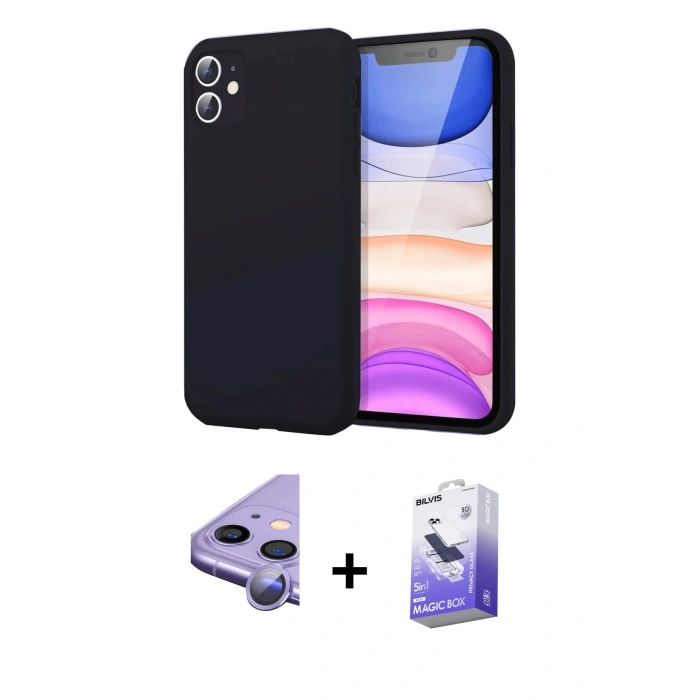 MARSİLYAN™- iPhone 11 Kılıf Kozmos Yansıma Özel Seri - Siyah Bilvis 5in1 5D Magic Hayalet Cam Ekran Koruyucu + Raze Metal Kamera Lens - MR