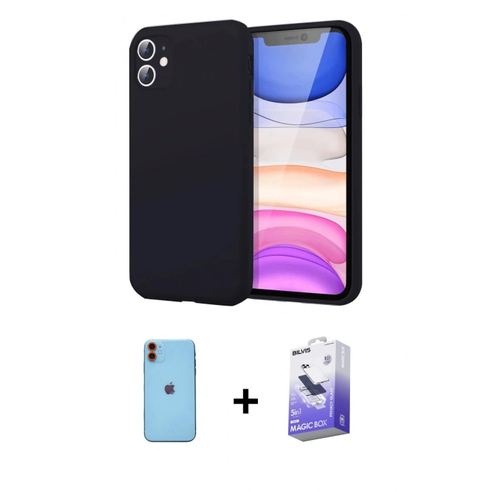 MARSİLYAN™- iPhone 11 Kılıf Kozmos Yansıma Özel Seri - Siyah Bilvis 5in1 5D Magic Hayalet Cam Ekran Koruyucu + Turuncu Neon Fosforlu Kamera Lens