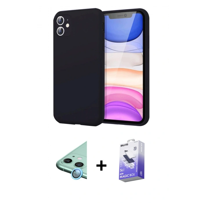 MARSİLYAN™- iPhone 11 Kılıf Kozmos Yansıma Özel Seri - Siyah Bilvis 5in1 5D Magic Hayalet Cam Ekran Koruyucu + Mavi Raze Metal Kamera Lens