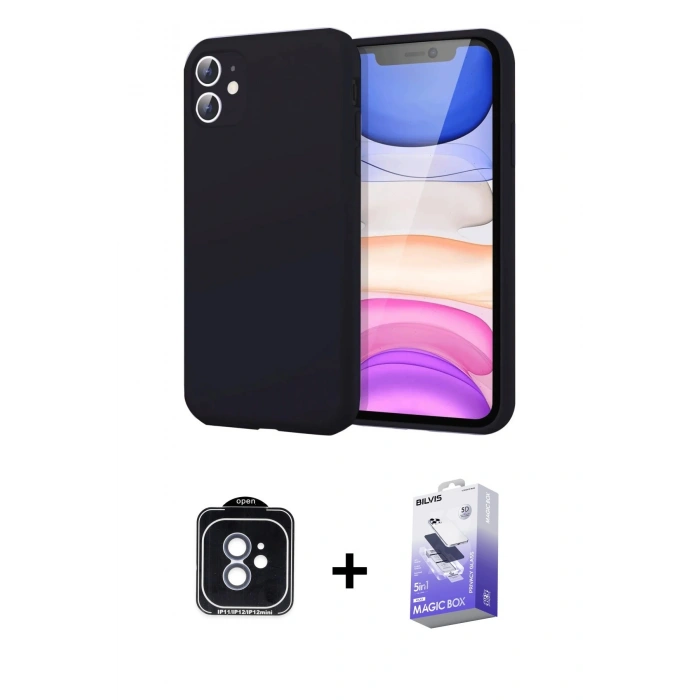 MARSİLYAN™- iPhone 11 Kılıf Kozmos Yansıma Özel Seri - Siyah Bilvis 5in1 5D Magic Hayalet Cam Ekran Koruyucu + PVD Metal Kamera Lens - MI