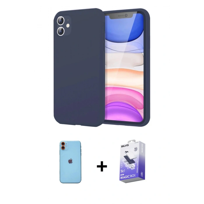 MARSİLYAN™- iPhone 11 Kılıf Kozmos Yansıma Özel Seri - Siyah Bilvis 5in1 5D Magic Hayalet Cam Ekran Koruyucu + Turuncu Neon Fosforlu Kamera Lens
