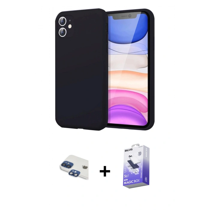 MARSİLYAN™- iPhone 11 Kılıf Kozmos Yansıma Özel Seri - Siyah Bilvis 5in1 5D Magic Hayalet Cam Ekran Koruyucu + Pers Alüminyum Kamera Lens - LT