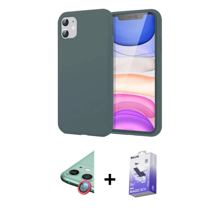 MARSİLYAN™- iPhone 11 Kılıf Kozmos Yansıma Özel Seri - Siyah Bilvis 5in1 5D Magic Hayalet Cam Ekran Koruyucu + Kırmızı Raze Metal Kamera Lens