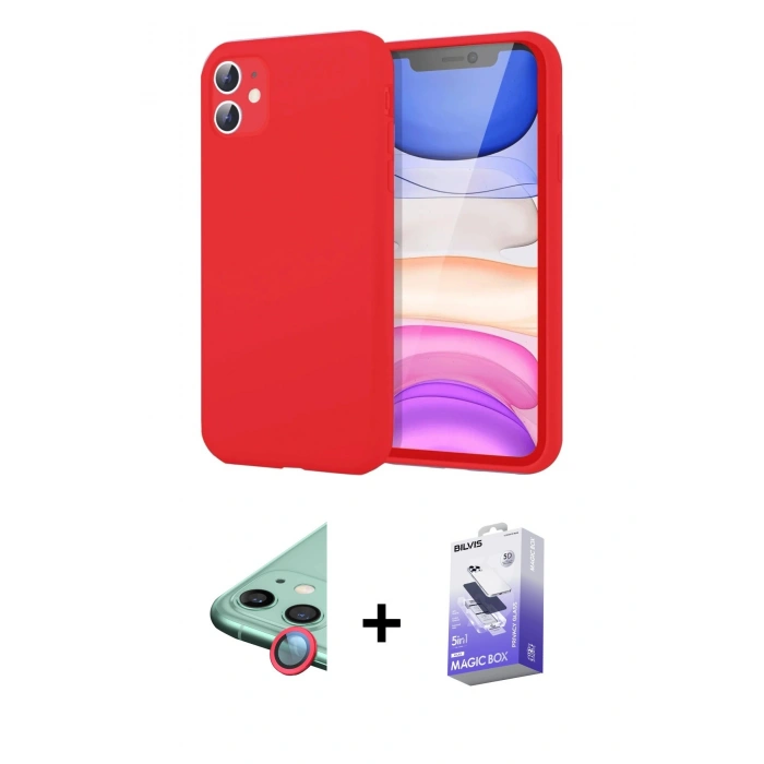 MARSİLYAN™- iPhone 11 Kılıf Kozmos Yansıma Özel Seri - Siyah Bilvis 5in1 5D Magic Hayalet Cam Ekran Koruyucu + Kırmızı Raze Metal Kamera Lens