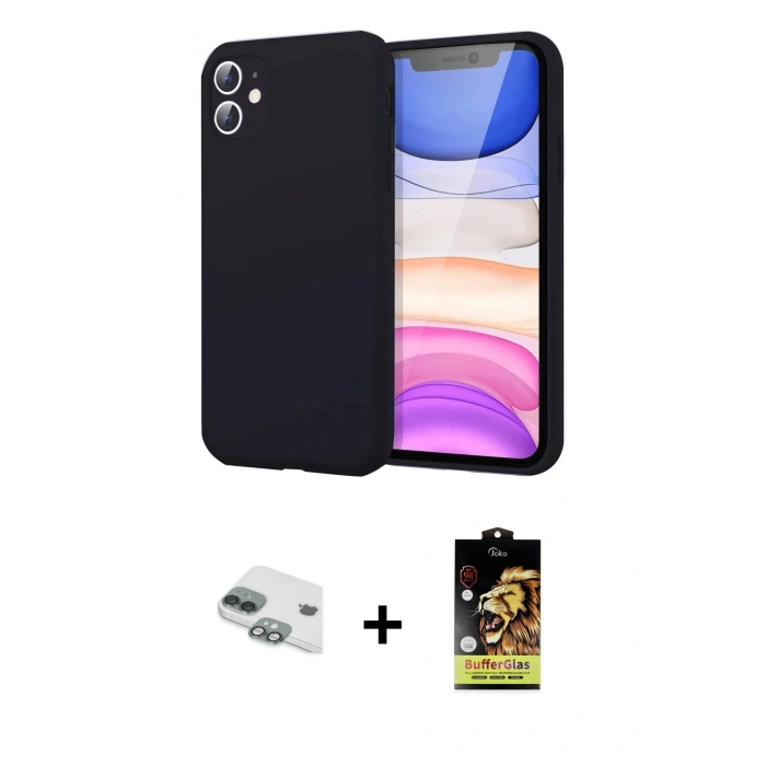 MARSİLYAN™- iPhone 11 Kılıf Kozmos Yansıma Özel Seri - Siyah Buffer Cam Ekran Koruyucu + Pers Alüminyum Kamera Lens - YL