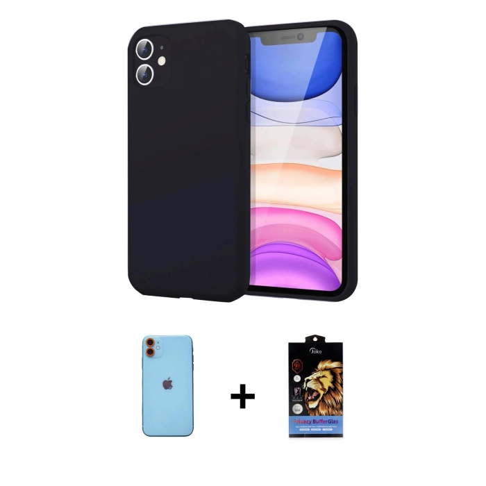 MARSİLYAN™- iPhone 11 Kılıf Kozmos Yansıma Özel Seri - Siyah Buffer Hayalet Cam Ekran Koruyucu + Turuncu Neon Fosforlu Kamera Lens
