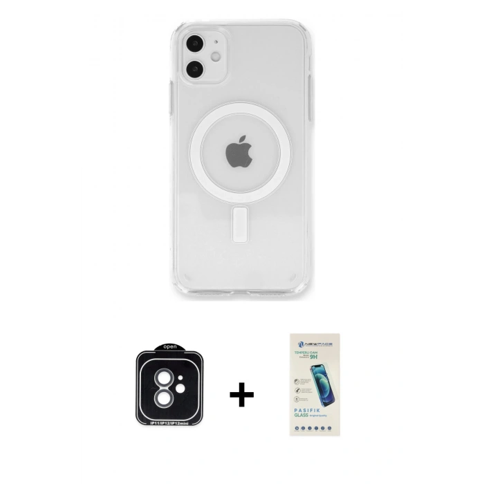 MARSİLYAN™- iPhone 11 Kılıf Kutup Klasik Serisi - Şeffaf Pasifik Cam Ekran Koruyucu + PVD Metal Kamera Lens - YL
