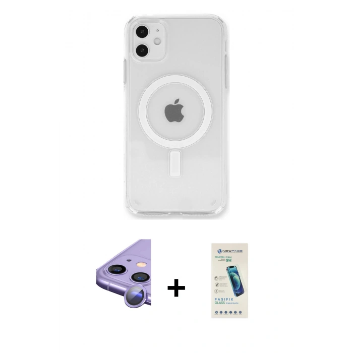 MARSİLYAN™- iPhone 11 Kılıf Kutup Klasik Serisi - Şeffaf Pasifik Cam Ekran Koruyucu + Raze Metal Kamera Lens - MR