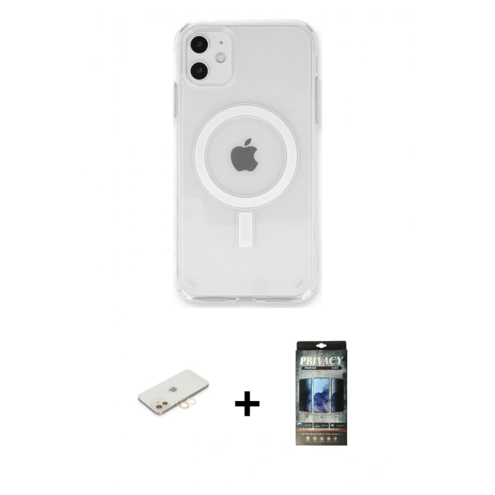 MARSİLYAN™- iPhone 11 Kılıf Kutup Klasik Serisi - Siyah 34D Hayalet Izgaralı Cam + Renkli Kamera Lens Koruma Cam - SI