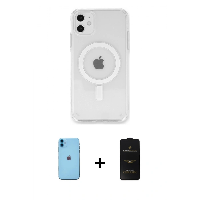 MARSİLYAN™- iPhone 11 Kılıf Kutup Klasik Serisi - Siyah 6D Antistatik Mat Seramik Hayalet Nano Ekran Koruyucu + Neon Fosforlu Kamera Lens - MI