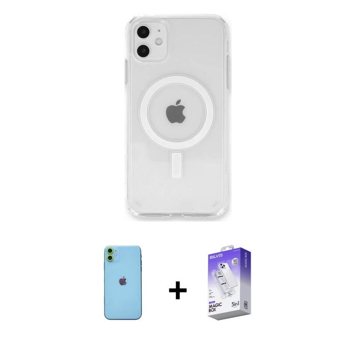 MARSİLYAN™- iPhone 11 Kılıf Kutup Klasik Serisi - Siyah Bilvis 5in1 3D Magic Cam Ekran Koruyucu + Neon Fosforlu Kamera Lens - YL