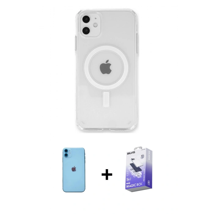 MARSİLYAN™- iPhone 11 Kılıf Kutup Klasik Serisi - Siyah Bilvis 5in1 5D Magic Hayalet Cam Ekran Koruyucu + Neon Fosforlu Kamera Lens - MI