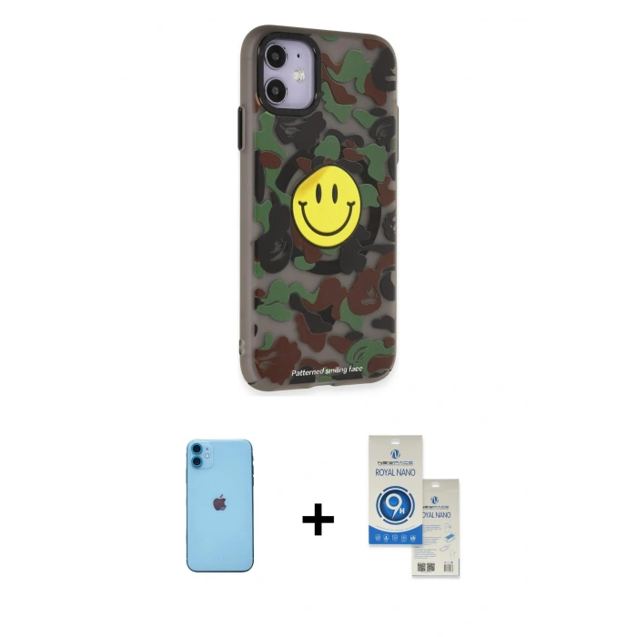 MARSİLYAN™- iPhone 11 Kılıf Nova Doku Koleksiyonu - Şeffaf Royal Nano Ekran Koruyucu + Neon Fosforlu Kamera Lens - MI