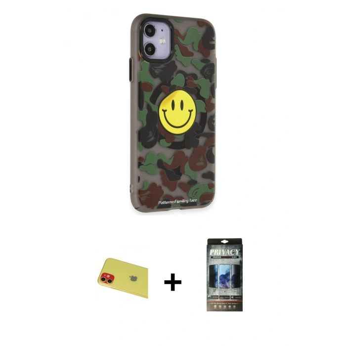 MARSİLYAN™- iPhone 11 Kılıf Nova Doku Koleksiyonu - Siyah 34D Hayalet Izgaralı Cam + Rainbow Kamera Lens Koruma Cam - KI