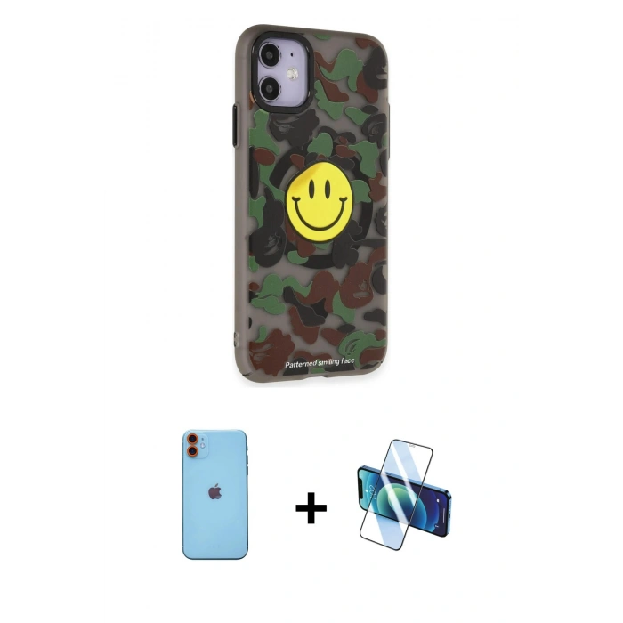 MARSİLYAN™- iPhone 11 Kılıf Nova Doku Koleksiyonu - Siyah 3D Antistatik Cam Ekran Koruyucu + Neon Fosforlu Kamera Lens - TU