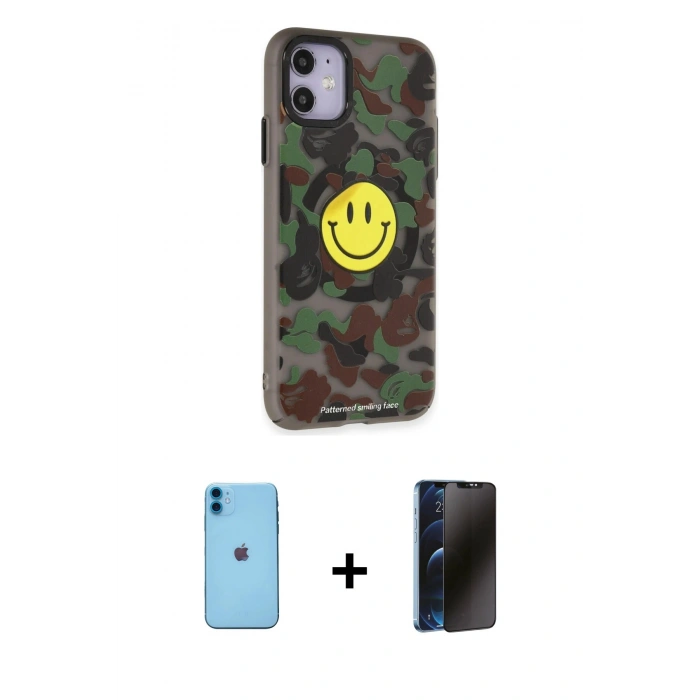 MARSİLYAN™- iPhone 11 Kılıf Nova Doku Koleksiyonu - Siyah 3D Antistatik Hayalet Cam Ekran Koruyucu + Neon Fosforlu Kamera Lens - MI