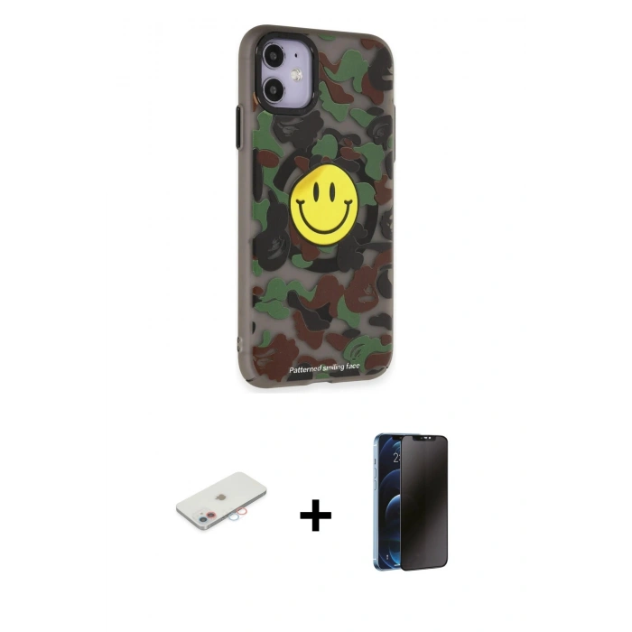 MARSİLYAN™- iPhone 11 Kılıf Nova Doku Koleksiyonu - Siyah 3D Antistatik Hayalet Cam Ekran Koruyucu + Renkli Kamera Lens Koruma Cam - PE
