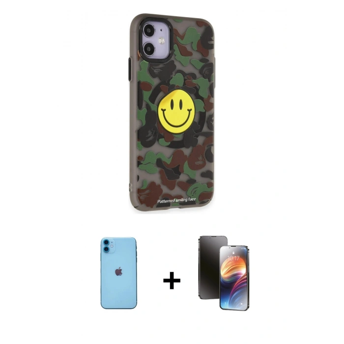 MARSİLYAN™- iPhone 11 Kılıf Nova Doku Koleksiyonu - Siyah 3D Antistatik Mat Seramik Nano Ekran Koruyucu + Mavi Neon Fosforlu Kamera Lens