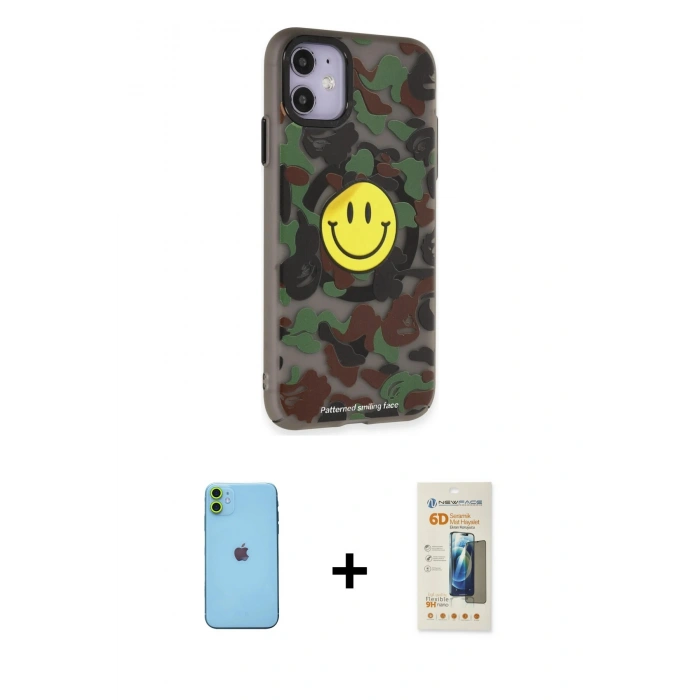 MARSİLYAN™- iPhone 11 Kılıf Nova Doku Koleksiyonu - Siyah 6D Mat Seramik Hayalet Nano Ekran Koruyucu + Neon Fosforlu Kamera Lens - YL