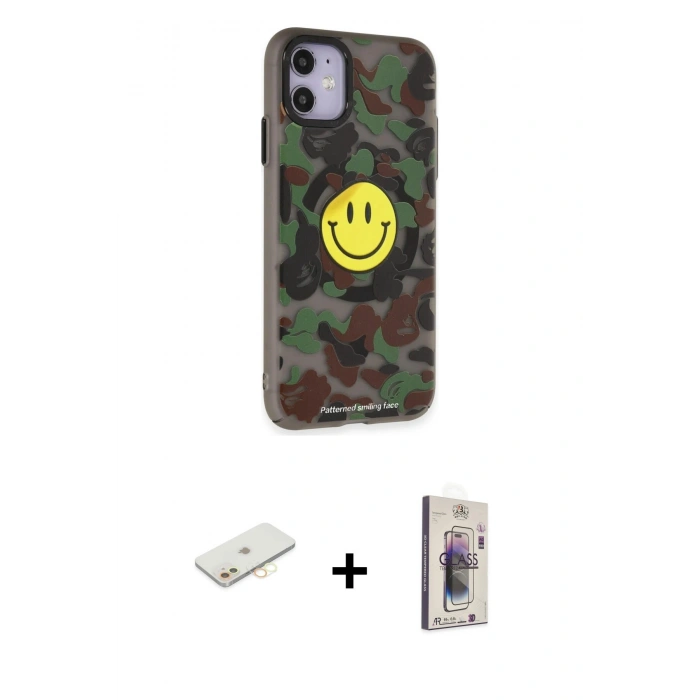 MARSİLYAN™- iPhone 11 Kılıf Nova Doku Koleksiyonu - Siyah Bilvis 3D Cam Ekran Koruyucu + Renkli Kamera Lens Koruma Cam - SI