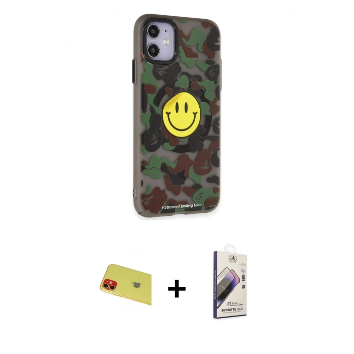 MARSİLYAN™- iPhone 11 Kılıf Nova Doku Koleksiyonu - Siyah Bilvis 3D Mat Cam Ekran Koruyucu + Kırmızı Rainbow Kamera Lens Koruma Cam
