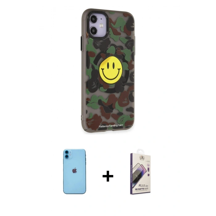MARSİLYAN™- iPhone 11 Kılıf Nova Doku Koleksiyonu - Siyah Bilvis 3D Mat Cam Ekran Koruyucu + Neon Fosforlu Kamera Lens - MI