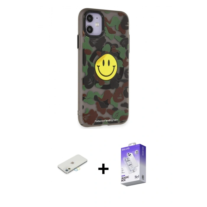MARSİLYAN™- iPhone 11 Kılıf Nova Doku Koleksiyonu - Siyah Bilvis 5in1 3D Magic Cam Ekran Koruyucu + Sarı Renkli Kamera Lens Koruma Cam