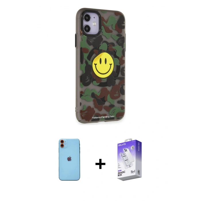 MARSİLYAN™- iPhone 11 Kılıf Nova Doku Koleksiyonu - Siyah Bilvis 5in1 3D Magic Cam Ekran Koruyucu + Turuncu Neon Fosforlu Kamera Lens