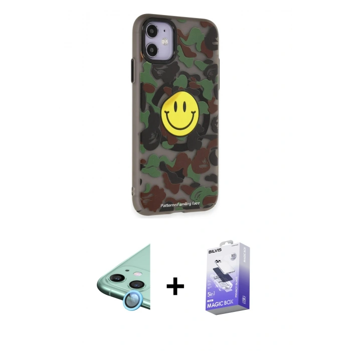 MARSİLYAN™- iPhone 11 Kılıf Nova Doku Koleksiyonu - Siyah Bilvis 5in1 5D Magic Hayalet Cam Ekran Koruyucu + Mavi Raze Metal Kamera Lens