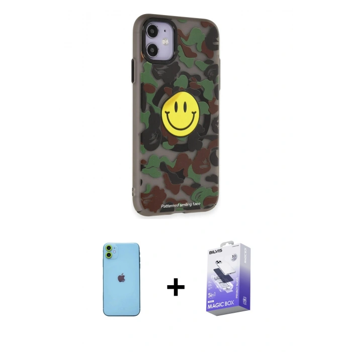 MARSİLYAN™- iPhone 11 Kılıf Nova Doku Koleksiyonu - Siyah Bilvis 5in1 5D Magic Hayalet Cam Ekran Koruyucu + Yeşil Neon Fosforlu Kamera Lens