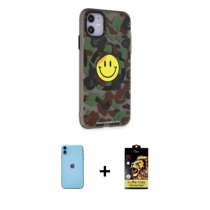 MARSİLYAN™- iPhone 11 Kılıf Nova Doku Koleksiyonu - Siyah Buffer Cam Ekran Koruyucu + Neon Fosforlu Kamera Lens - MI