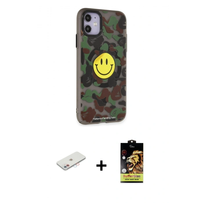 MARSİLYAN™- iPhone 11 Kılıf Nova Doku Koleksiyonu - Siyah Buffer Cam Ekran Koruyucu + Renkli Kamera Lens Koruma Cam - PE