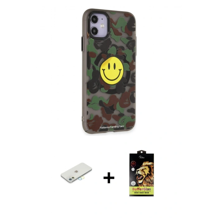 MARSİLYAN™- iPhone 11 Kılıf Nova Doku Koleksiyonu - Siyah Buffer Cam Ekran Koruyucu + Renkli Kamera Lens Koruma Cam - SI