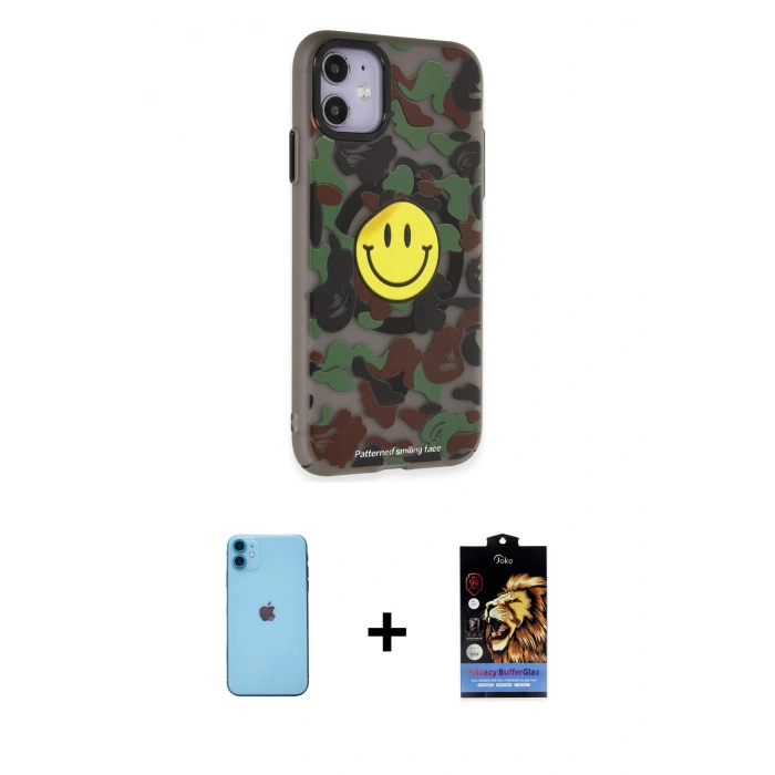 MARSİLYAN™- iPhone 11 Kılıf Nova Doku Koleksiyonu - Siyah Buffer Hayalet Cam Ekran Koruyucu + Mavi Neon Fosforlu Kamera Lens