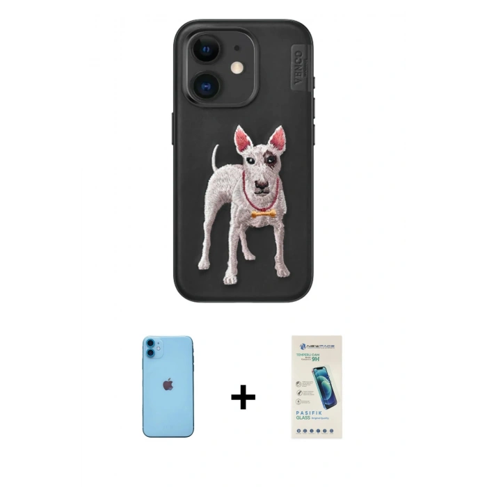 MARSİLYAN™- iPhone 11 Kılıf Nova Form Koleksiyonu - Şeffaf Pasifik Cam Ekran Koruyucu + Mavi Neon Fosforlu Kamera Lens