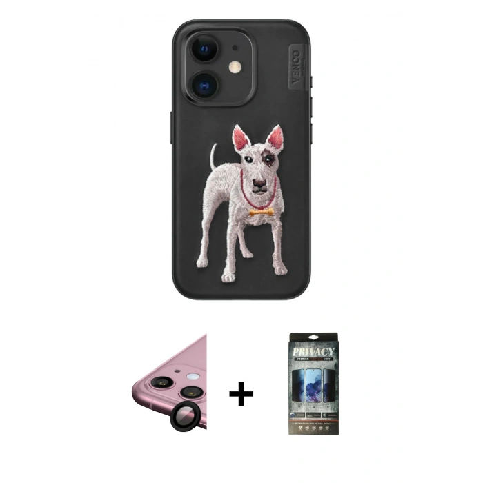 MARSİLYAN™- iPhone 11 Kılıf Nova Form Koleksiyonu - Siyah 34D Hayalet Izgaralı Cam + Raze Metal Kamera Lens - SH