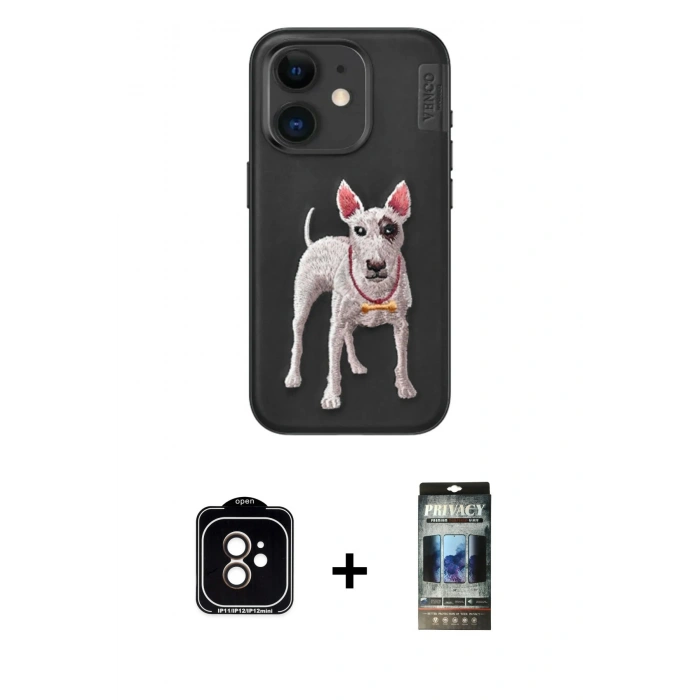 MARSİLYAN™- iPhone 11 Kılıf Nova Form Koleksiyonu - Siyah 34D Hayalet Izgaralı Cam + PVD Metal Kamera Lens - TU