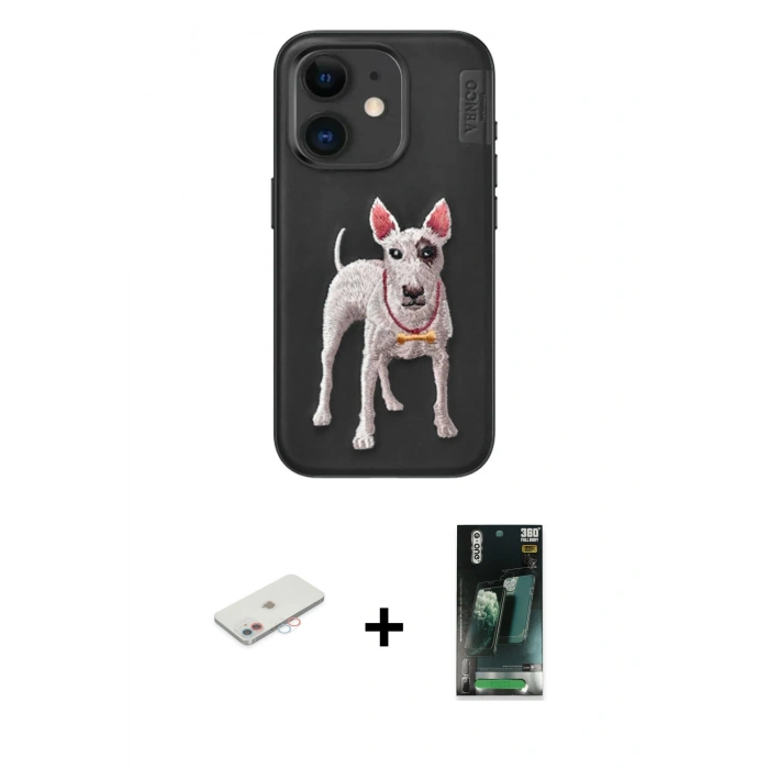 MARSİLYAN™- iPhone 11 Kılıf Nova Form Koleksiyonu - Siyah 360 Mat Full Body Arka Koruyucu + Pembe Renkli Kamera Lens Koruma Cam