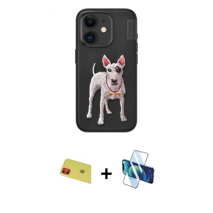 MARSİLYAN™- iPhone 11 Kılıf Nova Form Koleksiyonu - Siyah 3D Antistatik Cam Ekran Koruyucu + Rainbow Kamera Lens Koruma Cam - KI